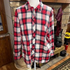 TALBOTS SIZE X-LARGE RED WHITE BLUE PLAID LONG SLEEVE SHIRT WITH GOLD METALLIC